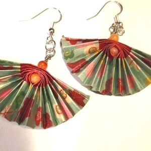 Origami Fan Earrings Green and Coral with Beads, Sterling Earwire